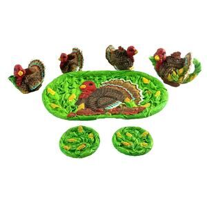 Vintage Miniature Turkeys Tea Set Decorative Resin Thanksgiving